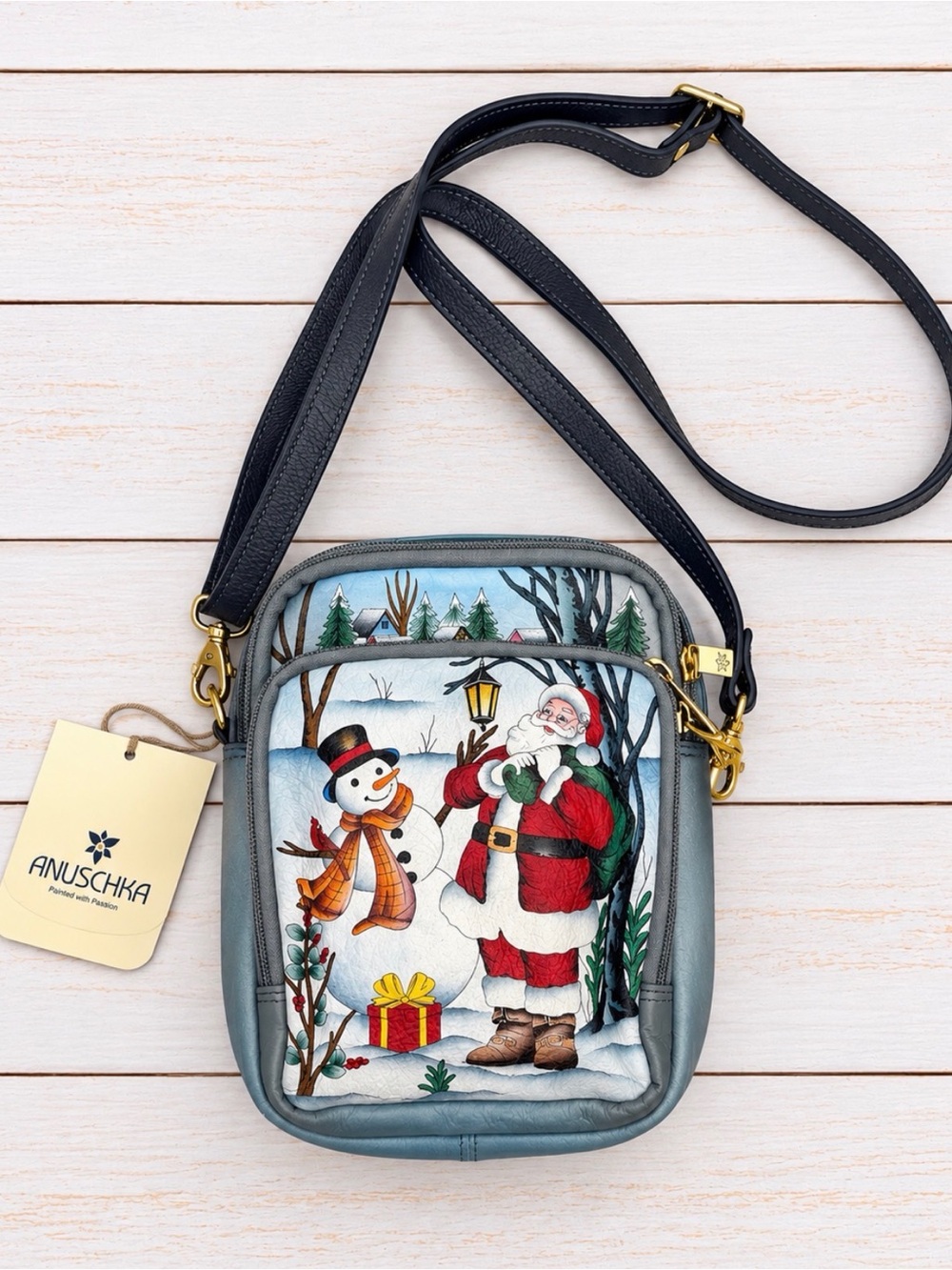 Anuschka Santa Snowman Christmas Hand Painted Leather Crossbody Bag NWT